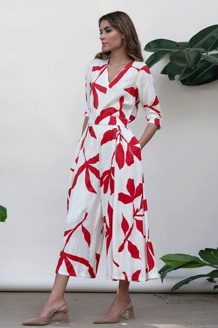 Kanelle_Ivory Viscose Twill Leaf V Neck Faith Jumpsuit_Online_at_Aza_Fashions