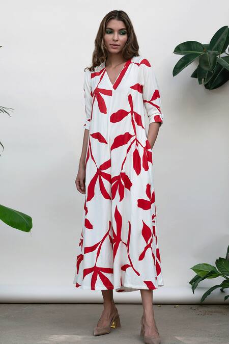 Buy_Kanelle_Ivory Viscose Twill Leaf V Neck Faith Jumpsuit_Online_at_Aza_Fashions