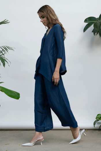 Kanelle_Blue Linen Silk Madelyn Asymmetric Top_Online_at_Aza_Fashions