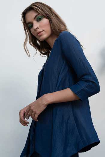 Buy_Kanelle_Blue Linen Silk Madelyn Asymmetric Top_Online_at_Aza_Fashions
