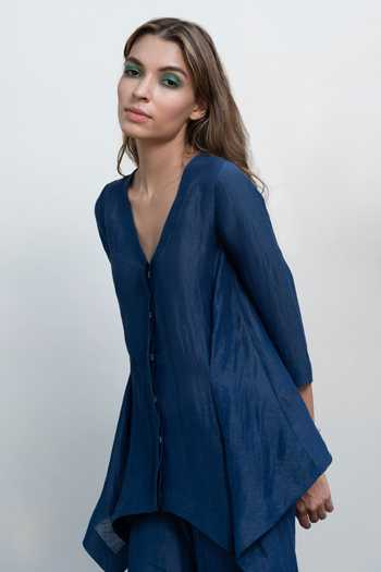 Shop_Kanelle_Blue Linen Silk Madelyn Asymmetric Top_Online_at_Aza_Fashions