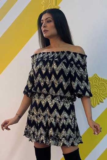 Buy Kangana Trehan Blue Georgette Off Shoulder Sequin Embellished Dress at Aza Fashions Buy_Kangana Trehan_Blue Georgette Off Shoulder Sequin Embellished Dress_at_Aza_Fashions