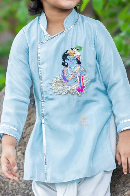 Buy_Panchhi By Kanupriya Tibrewala_Blue Silk, Cotton Embroidery, Gota Patti Overlap Kurta And Dhoti Pant Set_Online_at_Aza_Fashions