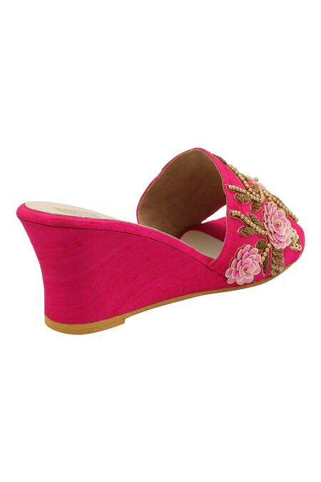 Shop_Veruschka By Payal Kothari_Pink Embroidery Floral Wedges _at_Aza_Fashions