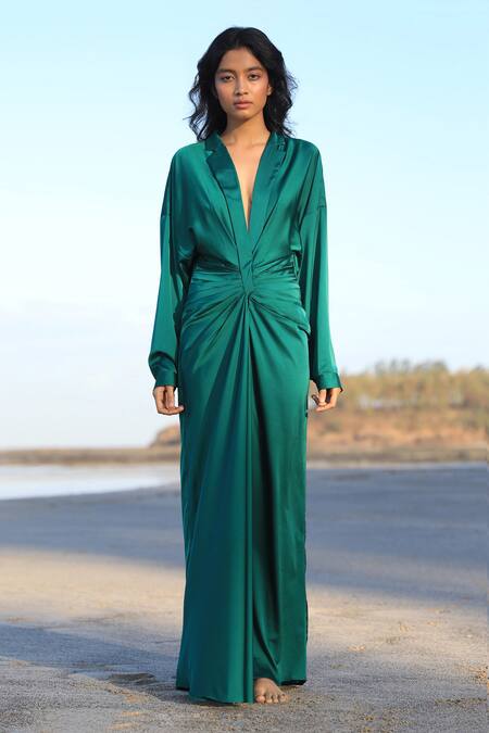 Zwaan_Green Armani Satin Shawl Collar Draped Shirt Dress_Online_at_Aza_Fashions
