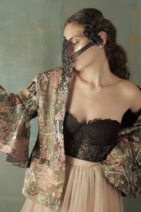 Buy_Nidhi Yasha_Green Viscose Kasab Print Jacket _Online_at_Aza_Fashions