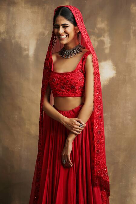 Buy Karishma Khanduja Bareilly Red Net, Crepe, Tabby Silk Square Neck Lehenga And Embroidered Blouse Set Online at Aza Fashions Buy_Karishma Khanduja Bareilly_Red Net, Crepe, Tabby Silk Square Neck Lehenga And Embroidered Blouse Set _Online_at_Aza_Fashions