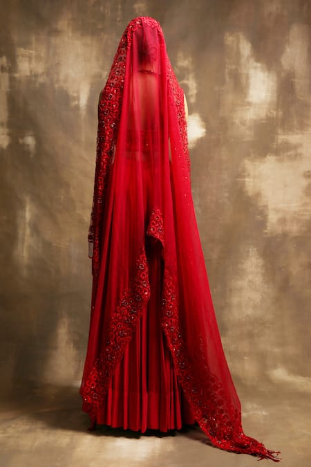 Shop Karishma Khanduja Bareilly Red Net, Crepe, Tabby Silk Square Neck Lehenga And Embroidered Blouse Set at Aza Fashions Shop_Karishma Khanduja Bareilly_Red Net, Crepe, Tabby Silk Square Neck Lehenga And Embroidered Blouse Set _at_Aza_Fashions