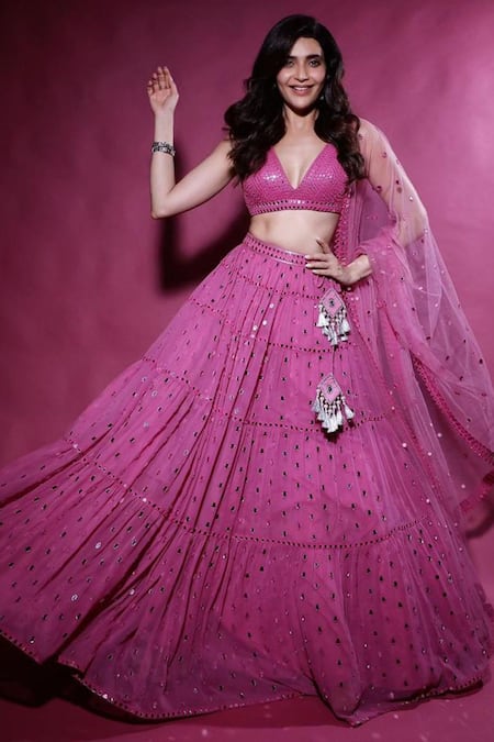 Vvani by Vani Vats Pink Georgette V Neck Embellished Tiered Bridal Lehenga Set 