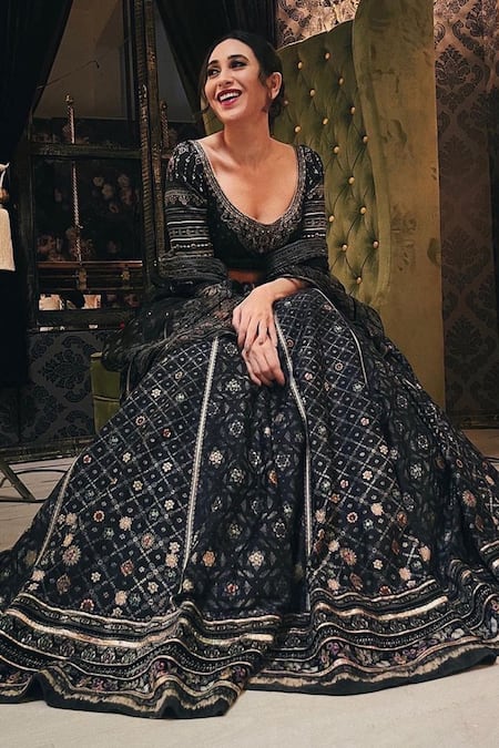 Karisma Kapoor in a floral hand painted Sabyasachi Lehenga with Green Choli  and matching dupatta… | Sangeet outfit, Traditional indian outfits, Indian  bride outfits