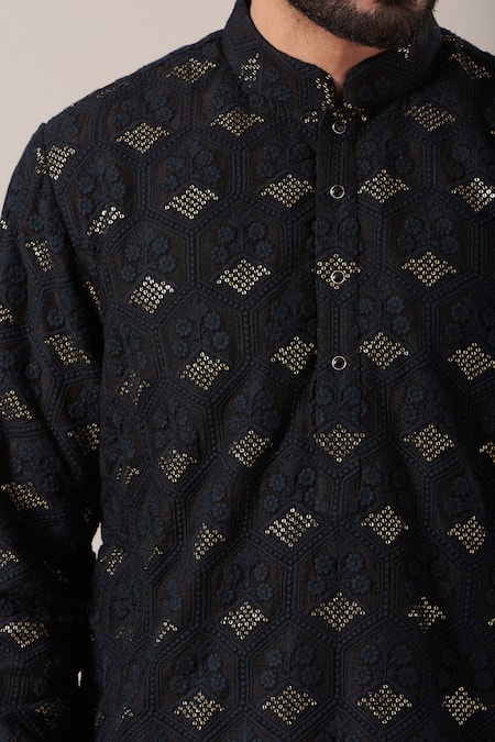 Kasbah_Black Silk, Cotton Embroidery, Sequins Chikankari And Kurta Set _Online_at_Aza_Fashions