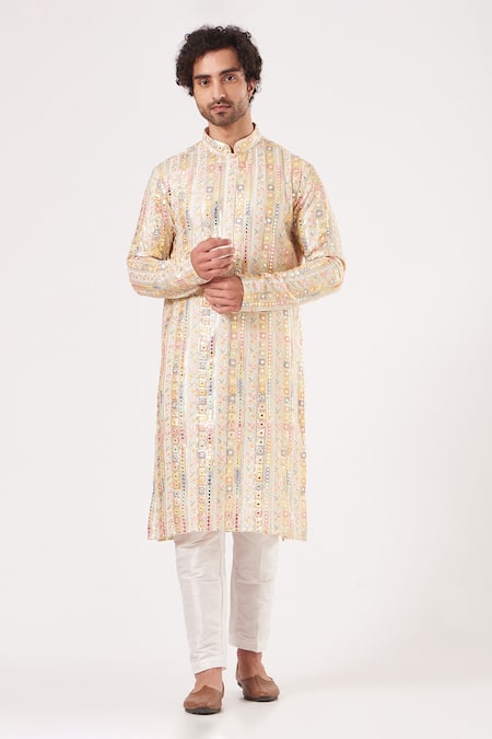 Kasbah Beige Georgette Embroidered Thread Mirror Kurta Set