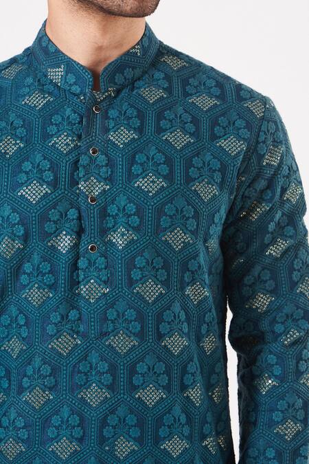 Kasbah_Green Georgette, Cotton Sequins Floral And Embroidered Kurta Set _Online_at_Aza_Fashions