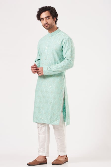 Kasbah Blue Silk Embroidered Floral And Sequin Kurta Set