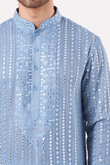 Kasbah_Blue Georgette, Cotton Mirrors, Foil Printing And Embroidered Kurta Set _Online_at_Aza_Fashions