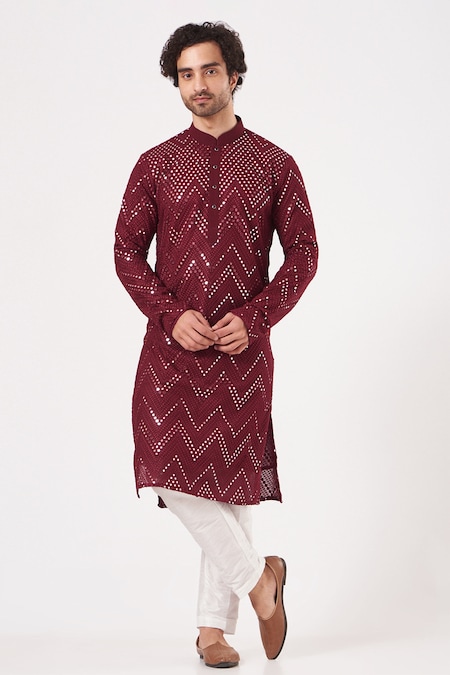 Kasbah Maroon Georgette Embroidered Foil Mirror And Kurta Set