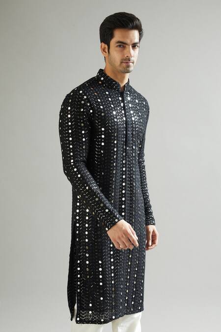 Kasbah_Black Georgette, Cotton Mirrors, Foil Printing And Embroidered Kurta Set _Online_at_Aza_Fashions