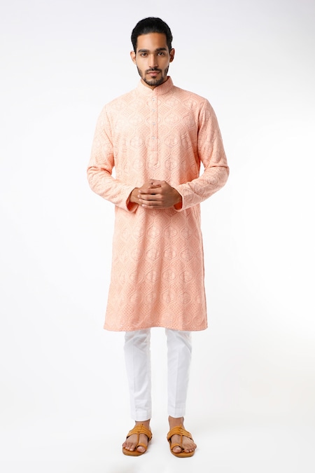 Kasbah Peach Georgette Embroidered Chikankari Kurta Set