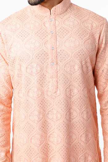Kasbah_Peach Georgette, Cotton Embroidery, Sequins Chikankari And Kurta Set _Online_at_Aza_Fashions