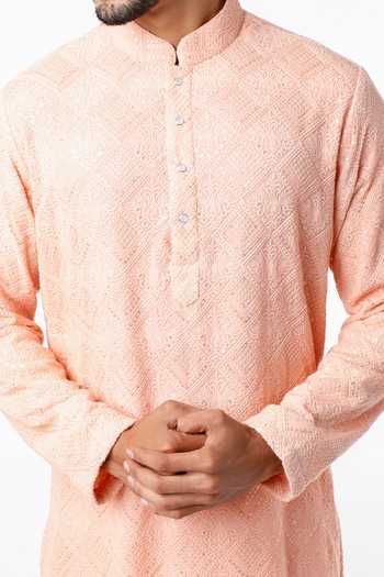 Kasbah_Peach Georgette, Cotton Embroidery, Sequins Chikankari And Kurta Set _Online_at_Aza_Fashions
