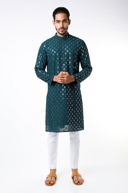 Buy Blue Georgette Embroidered Chikankari Kurta For Men by Kasbah ...