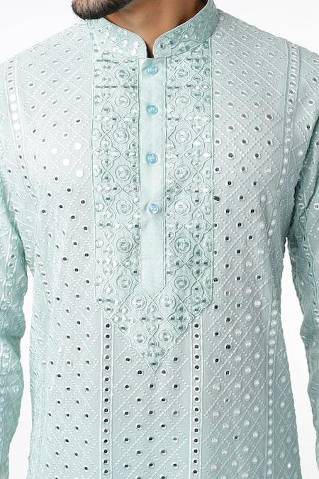 Kasbah_Blue Georgette, Cotton Chains, Embroidery Chikankari And Mirror Kurta Set _Online_at_Aza_Fashions