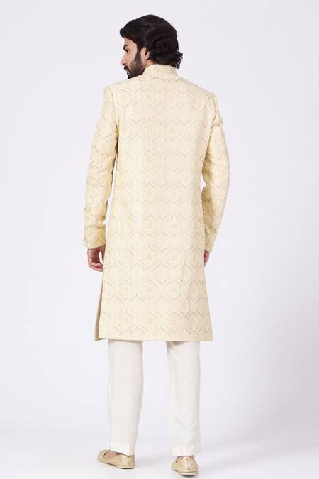 Shop_Kasbah_Cream Polyester Embroidery Floral Sherwani Set _at_Aza_Fashions