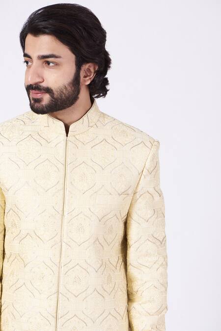 Kasbah_Cream Polyester Embroidery Floral Sherwani Set _Online_at_Aza_Fashions