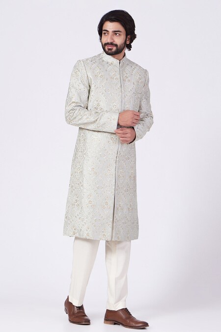 Kasbah Green Poly Silk Embroidered Sequin Floral Sherwani Set