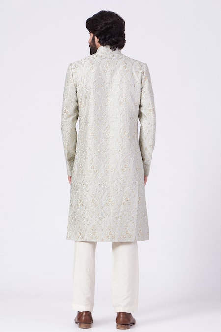 Shop_Kasbah_Green Polyester Embroidery, Sequins Floral Sherwani Set _at_Aza_Fashions