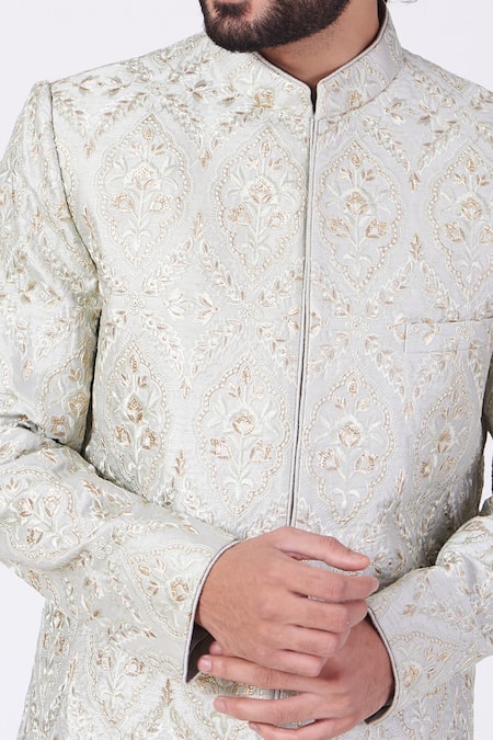 Kasbah_Green Polyester Embroidery, Sequins Floral Sherwani Set _Online_at_Aza_Fashions