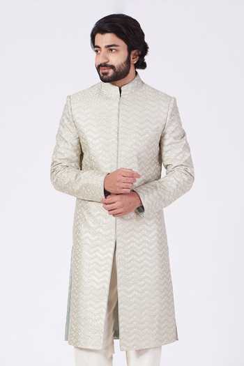 Kasbah_Green Poly Silk Sequins Embroidered Sherwani Set_Online_at_Aza_Fashions