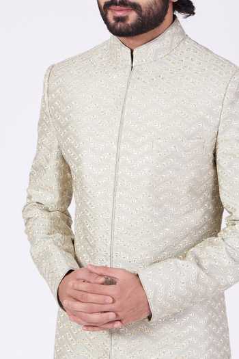 Buy_Kasbah_Green Poly Silk Sequins Embroidered Sherwani Set_Online_at_Aza_Fashions