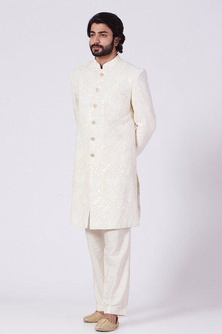 Kasbah White Georgette Embroidered Geometric Sherwani Set