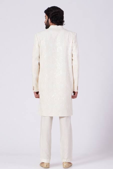 Shop_Kasbah_White Georgette, Cotton Embroidery Geometric Sherwani Set _at_Aza_Fashions
