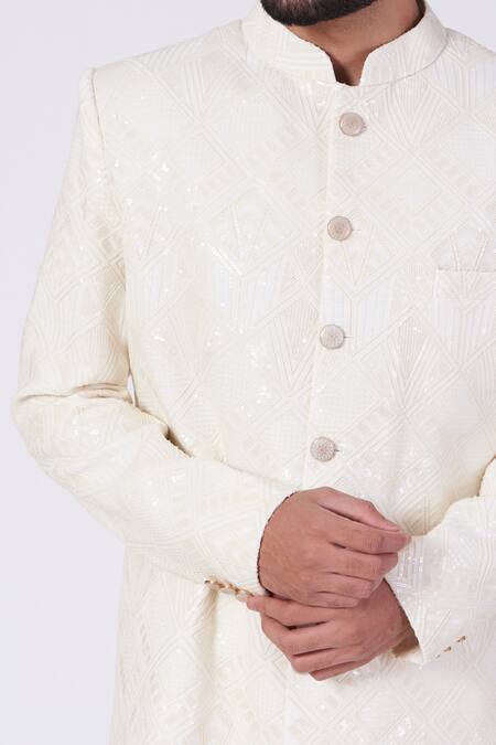 Kasbah_White Georgette, Cotton Embroidery Geometric Sherwani Set _Online_at_Aza_Fashions