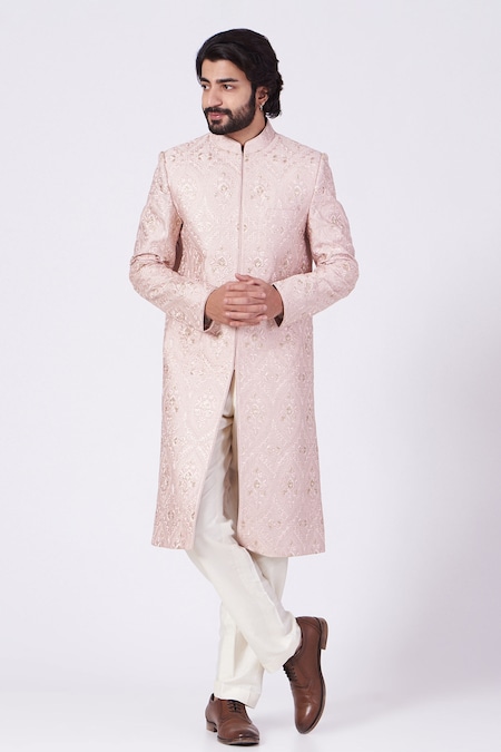 Kasbah Pink Poly Silk Embroidered Sequin Floral Sherwani Set