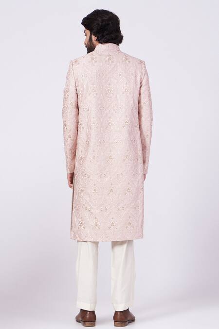 Shop_Kasbah_Pink Polyester Embroidery, Sequins Floral Sherwani Set _at_Aza_Fashions