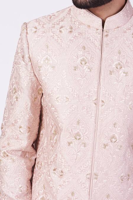Kasbah_Pink Polyester Embroidery, Sequins Floral Sherwani Set _Online_at_Aza_Fashions