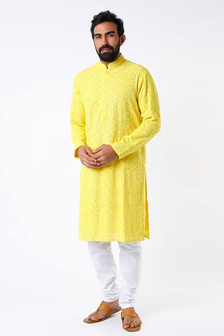 Kasbah Yellow Georgette Embroidered Mirror Chikankari Kurta Set