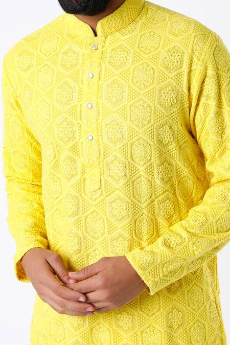 Kasbah Yellow Georgette, Cotton Embroidery Chikankari Kurta Set Online at Aza Fashions Kasbah_Yellow Georgette, Cotton Embroidery Chikankari Kurta Set _Online_at_Aza_Fashions