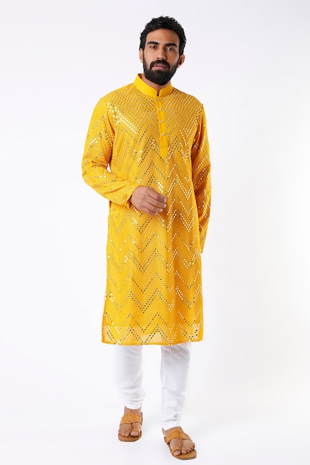 Kasbah Yellow Georgette Embroidered Mirror Work Kurta Set