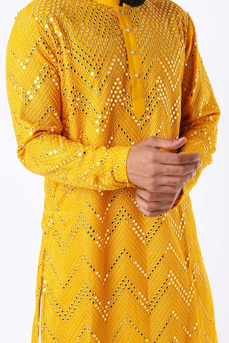 Kasbah_Yellow Georgette, Cotton Mirrors Work Kurta Set _Online_at_Aza_Fashions
