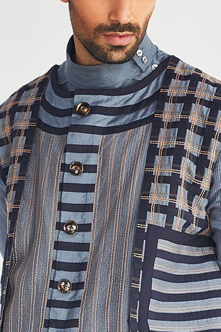 Kunal Anil Tanna Blue Cotton Bundi And Kurta Set Online at Aza Fashions Kunal Anil Tanna_Blue Cotton Bundi And Kurta Set _Online_at_Aza_Fashions