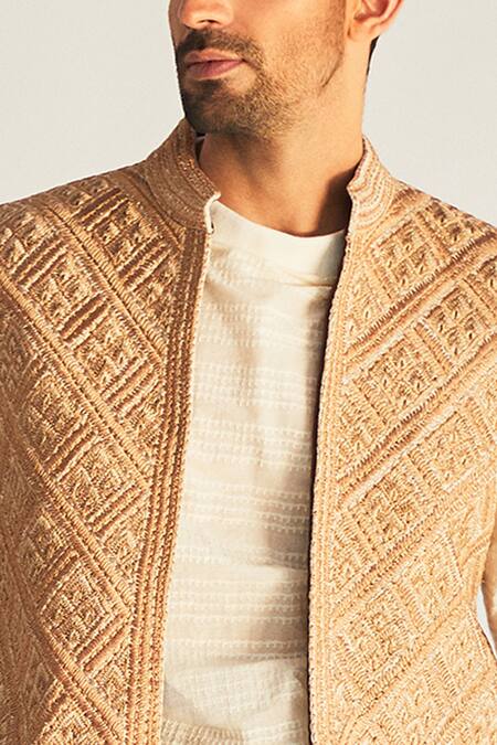 Kunal Anil Tanna_Beige Cotton Bundi And Pant Set _Online_at_Aza_Fashions