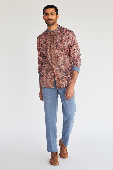 Shop Kunal Anil Tanna Blue Cotton Bundi And Pant Set at Aza Fashions Shop_Kunal Anil Tanna_Blue Cotton Bundi And Pant Set _at_Aza_Fashions