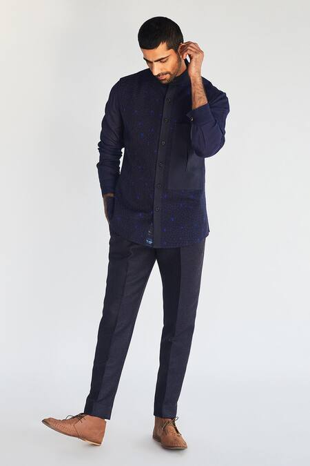 Shop Kunal Anil Tanna Blue Cotton Textured Bundi And Pant Set at Aza Fashions Shop_Kunal Anil Tanna_Blue Cotton Textured Bundi And Pant Set _at_Aza_Fashions