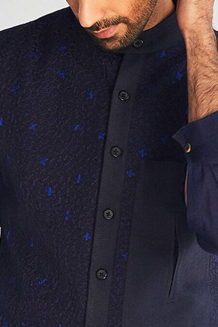 Kunal Anil Tanna Blue Cotton Textured Bundi And Pant Set Online at Aza Fashions Kunal Anil Tanna_Blue Cotton Textured Bundi And Pant Set _Online_at_Aza_Fashions