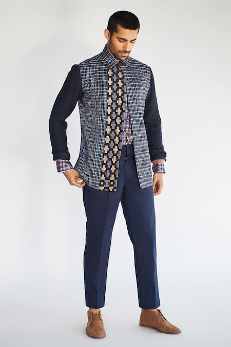 Shop Kunal Anil Tanna Blue Cotton Jacket And Pant Set at Aza Fashions Shop_Kunal Anil Tanna_Blue Cotton Jacket And Pant Set _at_Aza_Fashions