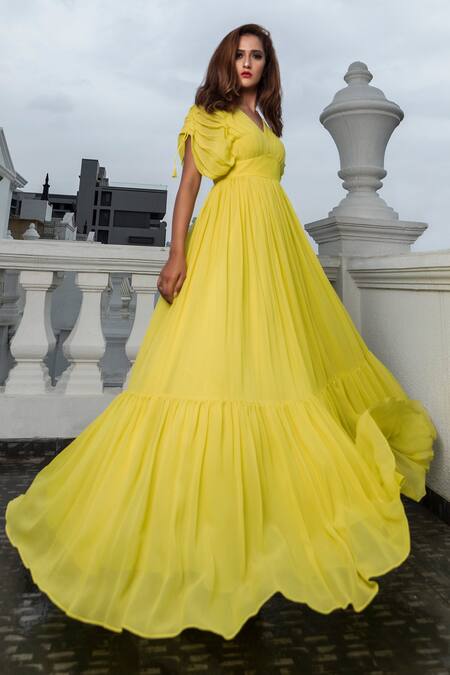 Pinup By Astha_Yellow Georgette Plain V Neck Draped Gown _Online_at_Aza_Fashions